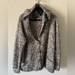 POL Black White Hooded Chunky Eyelash Cardigan Sweater Size L Slouchy Warm Cozy